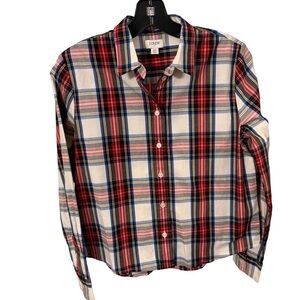 J Crew Womens Cotton Poplin Shirt White-Out Tartan Plaid Stretch Sz XS EUC